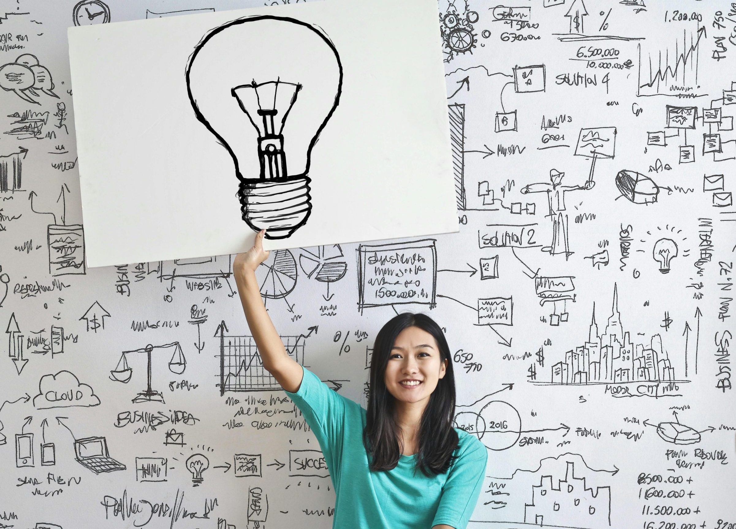 Young woman holds a light bulb drawing against a creative brainstorming wall.
